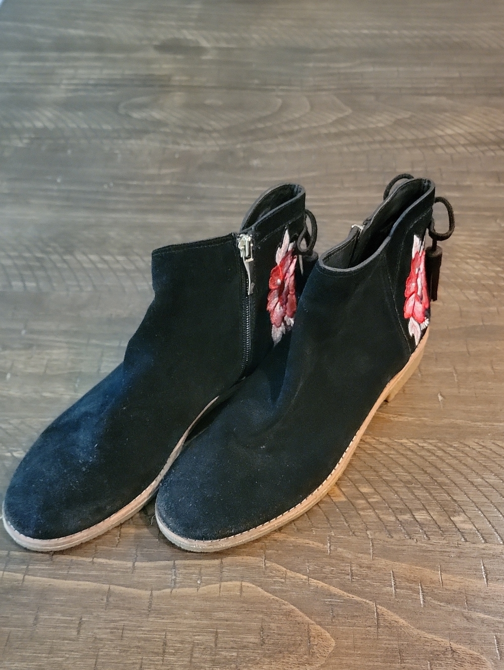 kate spade Black Suede Ankle Booties with Pink Floral Embroidery
